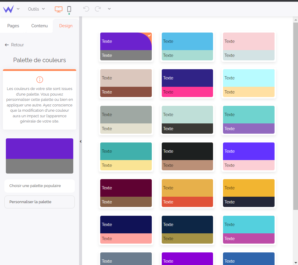 Palettes de couleurs de l'éditeur SiteW