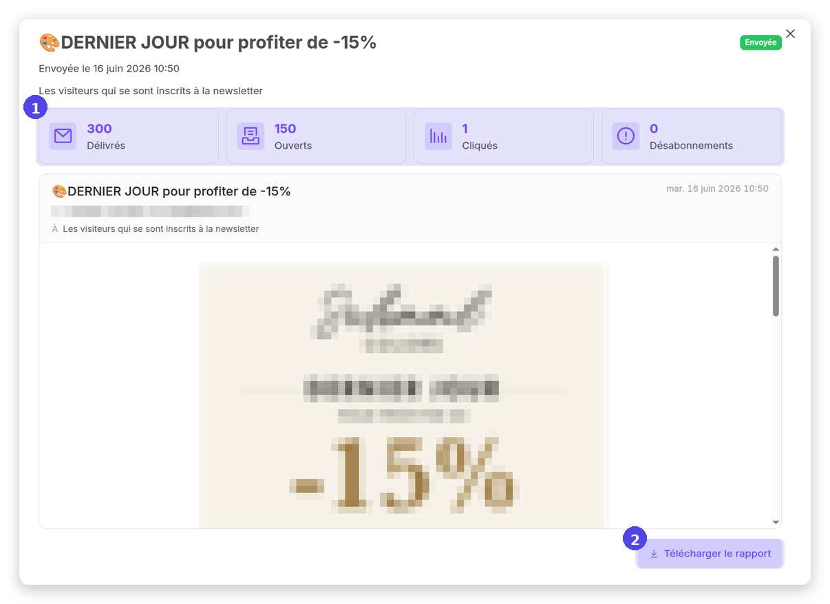 Exemple de site web Statistiques d'une campagne envoyée