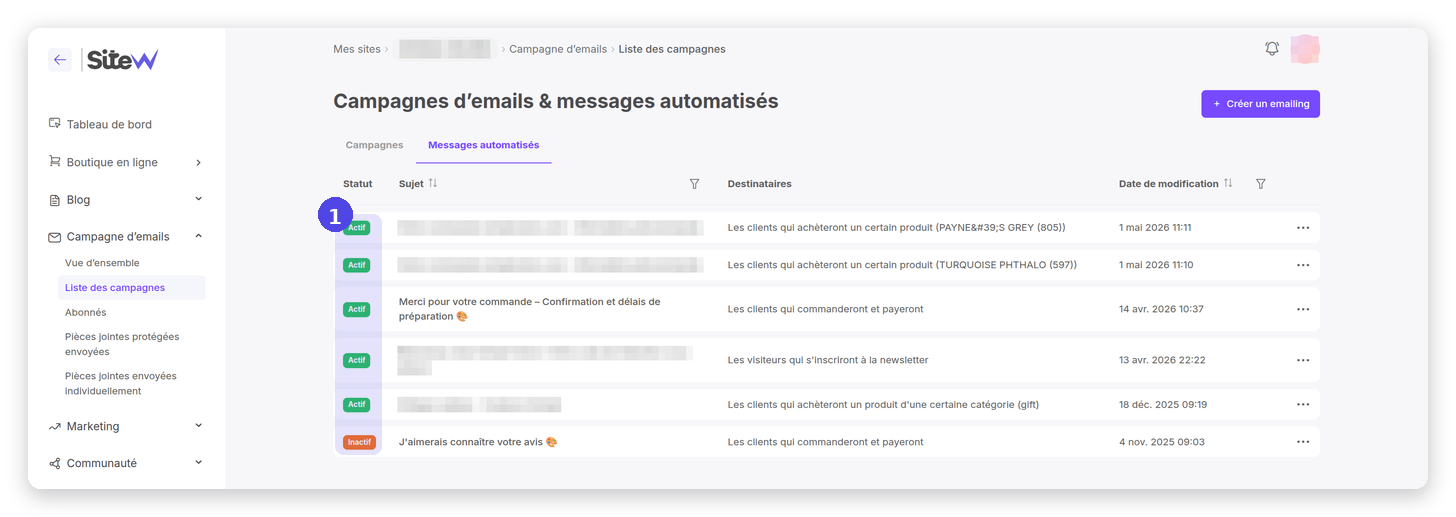 Onglet Messages automatisés
