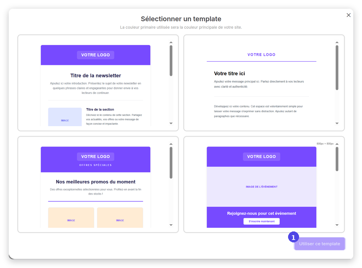 Site de création de site Popup Sélectionner un template
